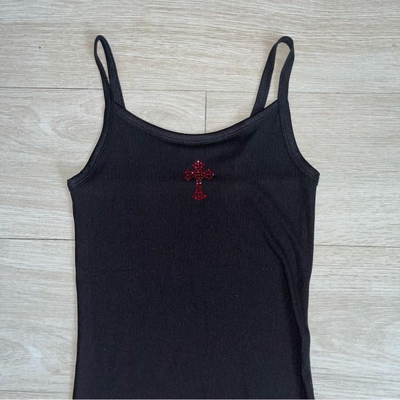Red rhinestone gothic cross tank top in black. NWOT - Picture 3 of 6